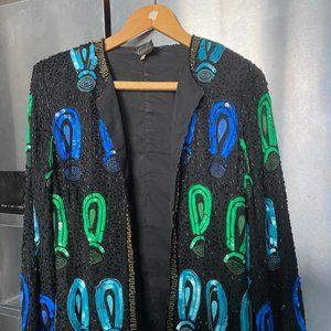 VINTAGE LINSIANO SEQUINS  EMBROIDERY SILK LADIES  JACKET SIZE 12